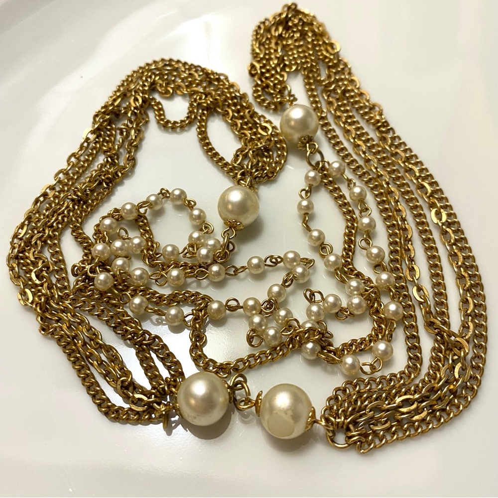 Vintage Gold Tone and Pearl Multi Strand Necklace - Picture 7 of 8